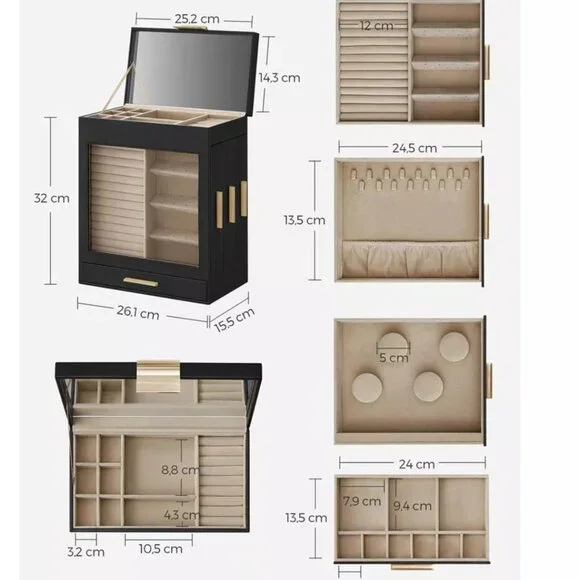 5-Layer Jewelry Box with Large Mirror, Modern Jewelry Organizer with 3 Side Draw - Picture 4 of 9
